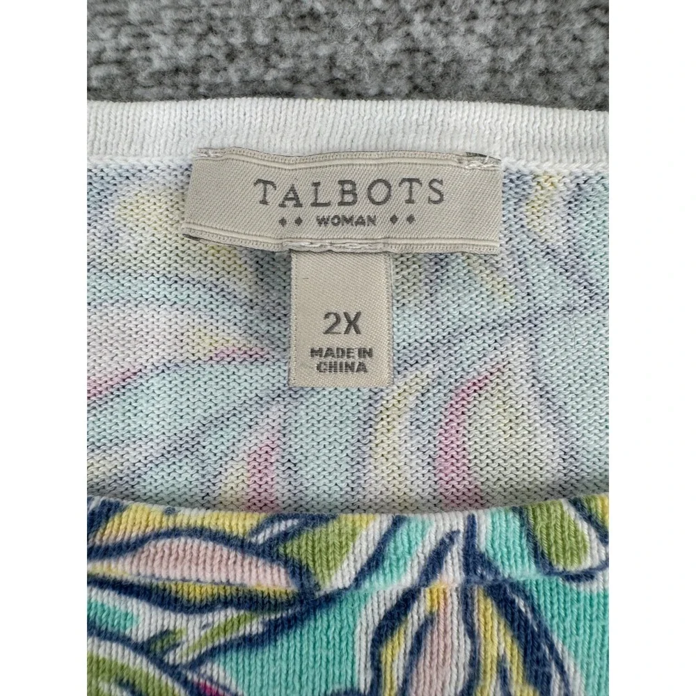 Talbots Knit Cotton Sweater Top Size 2X Aqua Tropical Leaf Print 3/4 Sleeve